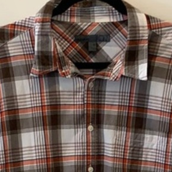 🍂 Men's Burnt Sienna Brown White Plaid Tartan Button Up Short Sleeve Shirt - XL - Picture 8 of 9